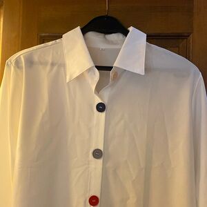 White silky dress shirt with colored buttons